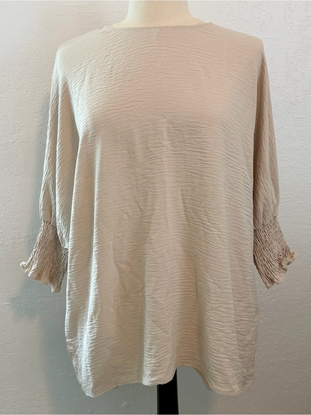 Cream Smocked-Sleeve Tunic Top - Women's Relaxed Fit